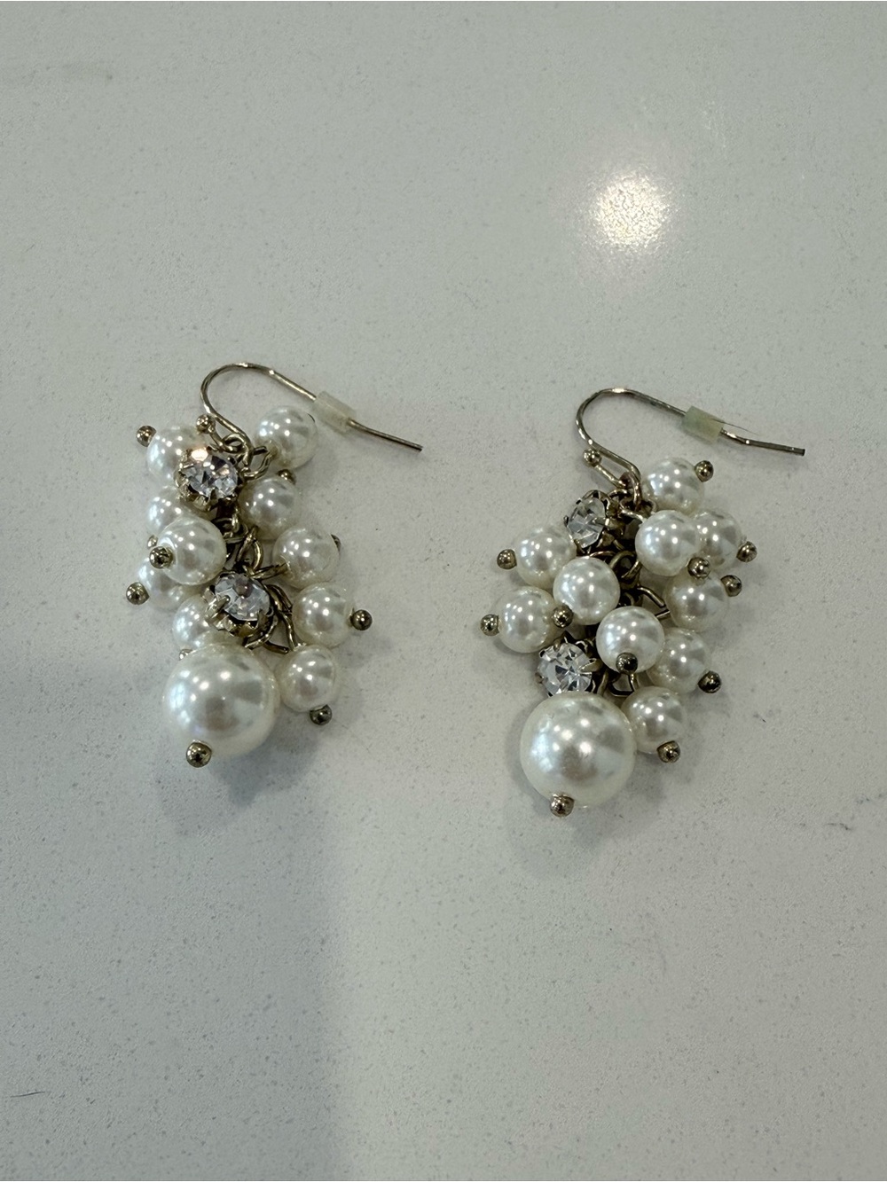 Pearl Cluster Drop Earrings - White Faux Pearls with Crystal Accents